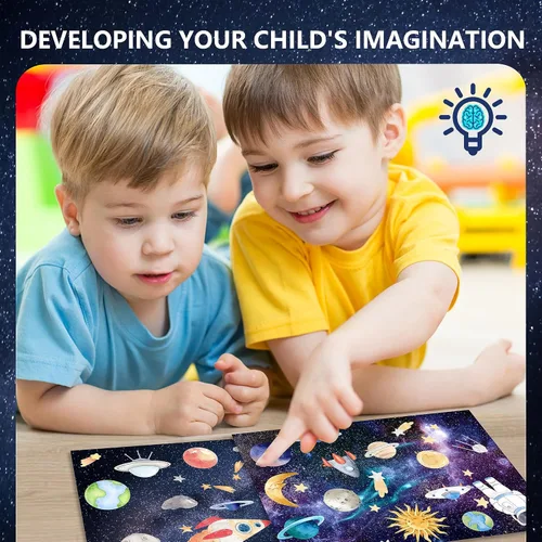 Vista 2 de 48 hojas de calcomanías espaciales para niños, reutilizables, planeta, cohete, estrella, bricolaje, haz tu propio sistema solar, calcomanías