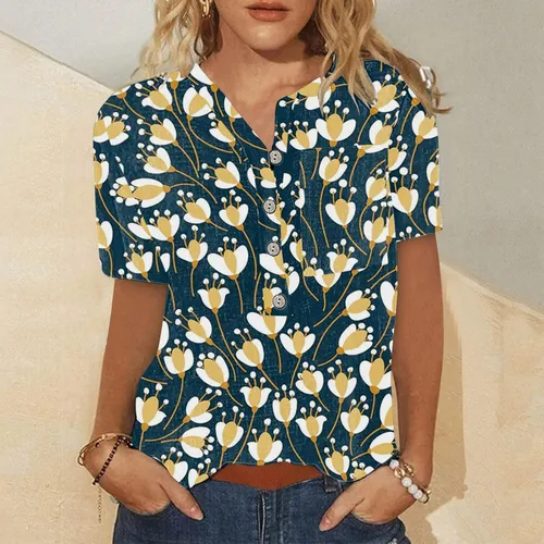 Vista 4 de Camisetas de verano para mujer, estilo casual, de algodón, de lino, estampadas, holgadas, de manga corta