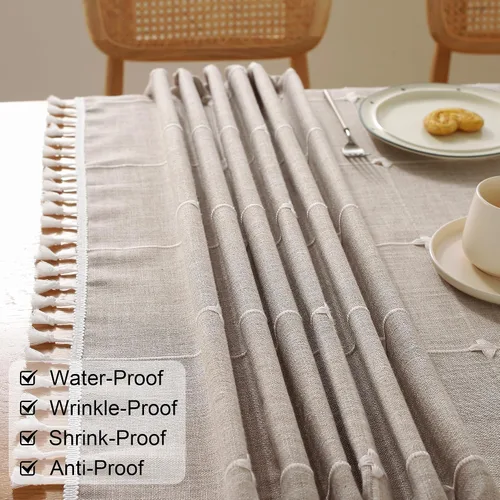 Vista 4 de JIALE Mantel para mesa rectangular, 120 pulgadas marrón y 120 pulgadas, manteles de color marrón a cuadros marrón a rayas marrones de lino