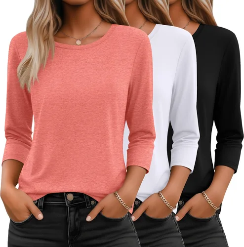 Vista 31 de Ficerd Paquete de 3 camisetas de manga 3/4 para mujer, cuello redondo, camisetas básicas elegantes, casuales, modernas, holgadas