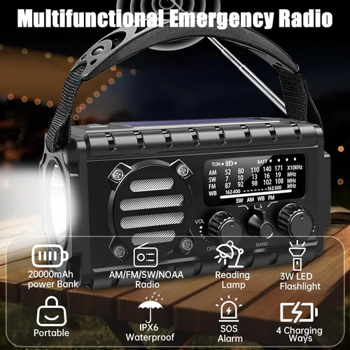 Vista 7 de Aivica Radio de Emergencia de 20000mAh, Radio Meteorológica SW/NOAA/AM/FM, Cargador de Manivela Solar con Batería Grande, Portátil, Carga