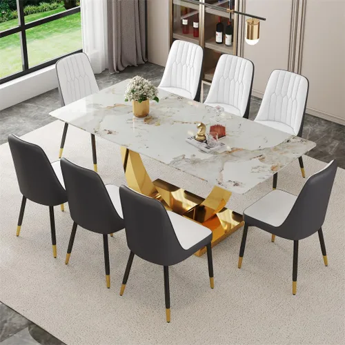 Vista 31 de Juego de mesa de comedor para 4, mesa de comedor de mármol sintético de 63 pulgadas con patas y base de acero inoxidable, sillas acolchadas