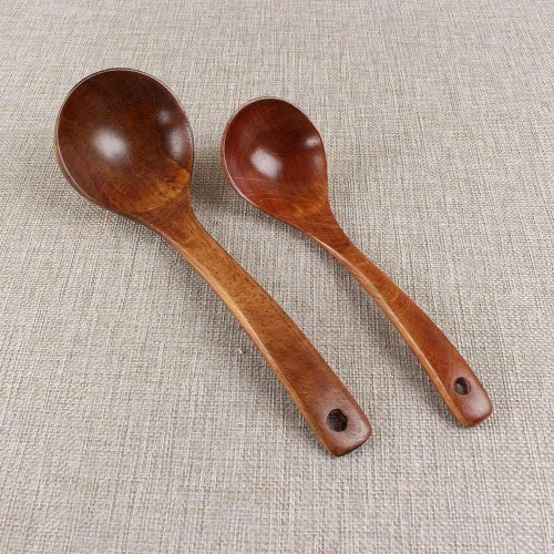 Vista 8 de EORTA Juego de 2 cucharas de madera para cocinar, 2 tamaños, cucharón profundo, salsas de madera natural, gachas de avena, cubiertos de sopa