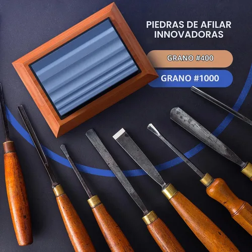 Vista 4 de Piedras de afilar Sharp Pebble para herramientas de tallado de madera - Dos piedras de afilar de grano 400 y 1000 para gubias - Sistema de afilado