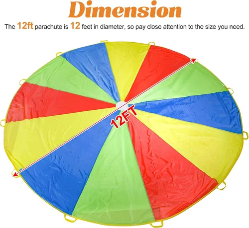 Vista 5 de Paracaídas Sonyabecca, paracaídas de juego de 10 pies, 12 pies, 16 pies con 12 asas, 20 pies, 24 pies con 16 asas para juego de cooperación en grupo