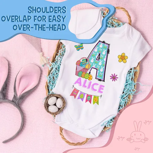 Vista 6 de Regalos personalizados de Pascua para bebés para niños y niñas, 9 diseños únicos, mamelucos unisex con nombre inicial personalizado, ropa infantil