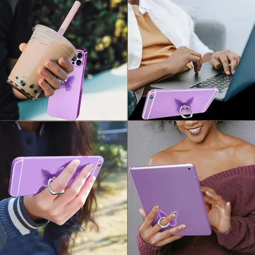 Vista 6 de TACOMEGE Soporte para teléfono con purpurina brillante, diseño de mariposa, color morado para mujeres y niñas, compatible con smartphone, tableta