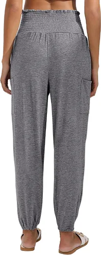 Vista 5 de Locoowai 2 piezas de pantalones de harén para mujer, pantalones de yoga con cintura fruncida, pantalones hippie, ropa bohemia con bolsillos