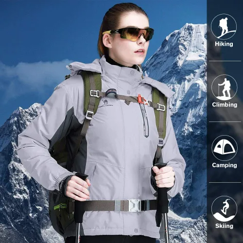 Vista 18 de CAMEL CROWN - Chamarra de esquí para mujer, impermeable, con capucha desmontable, rompevientos, forro polar, parka para lluvia