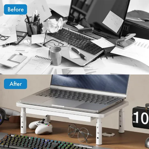 Vista 4 de Elevador de monitor con cajón, altura ajustable (4.1-5.7 in), 3 engranajes, organizador de escritorio de acero al carbono para computadora/portátil