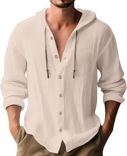 Vista 6 de Camisas de lino para hombre, casual, con botones, de verano, algodón, lino, con capucha, para playa, manga larga, con capucha