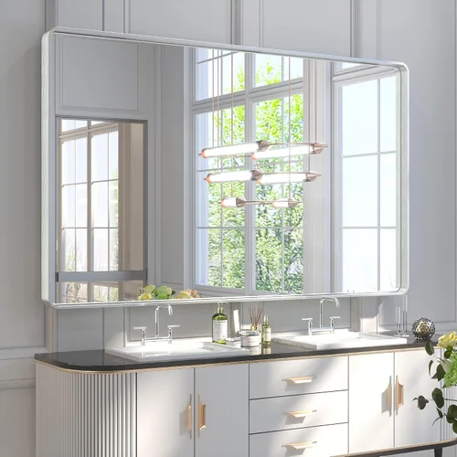 Vista 78 de Espejo de marco dorado cepillado de 16 x 24 pulgadas, espejo de tocador de baño de latón dorado para pared, espejo enmarcado rectangular de esquina