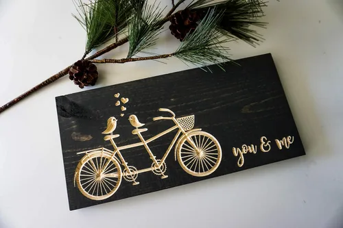 Vista 2 de Love Birds Tandem Bike Wood Sign Carved Wood Plaque