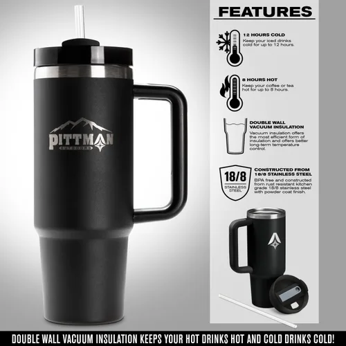 Vista 3 de Pittman Outdoors Vaso de hidratación de 30 onzas con mango suave y cómodo, color negro, taza de viaje para café y bebida