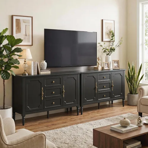 Vista 12 de RoyalCraft Armario buffet con almacenamiento, aparador moderno de mediados de siglo con 3 puertas, mesa de café pintada con estantes ajustables