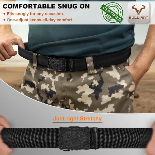Vista 4 de BULLIANT Cinturón para hombre, cinturón de trinquete elástico de nailon ajustado para Jean Cow Boy Golf 1 3/8 corte para ajuste