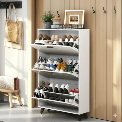 Vista 8 de Anystyle Armario de almacenamiento de zapatos negros para zapatos grandes, organizador de puertas abatibles ajustable de 3 niveles, gabinete