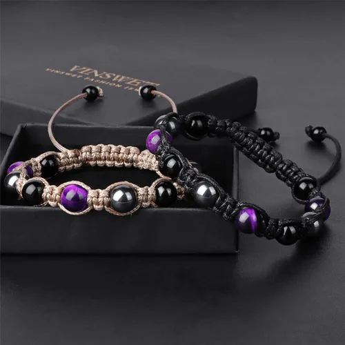 Vista 5 de Pulsera de triple protección, pulsera de cuentas de obsidiana negra y hematita genuina con ojo de tigre para hombres y mujeres, pulseras curativas