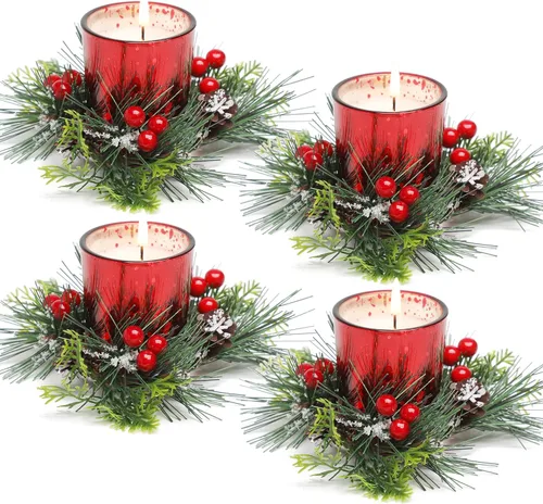 Vista 7 de Anillo de Vela de Navidad, 4 Piezas Velas Votivas con Bayas Rojas y Piña, Anillo de Vela de Navidad para Decoración de Centro de Mesa de Boda