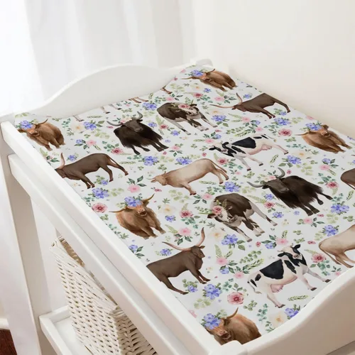 Vista 4 de Farm Cows - Funda para cambiador, diseño floral, bohemio, vacas, yak, ganado, flores, cambiador, para niños y niñas, animales de granja, suave