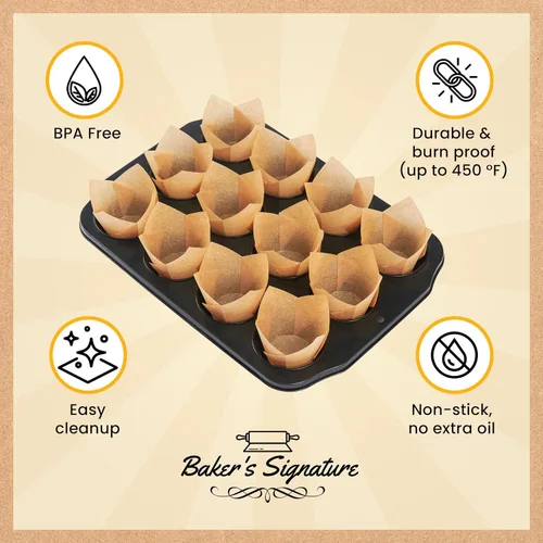 Vista 4 de Baker's Signature - Revestimientos para magdalenas de tulipán, forros para magdalenas para hornear – 200 piezas de papel pergamino para cupcakes