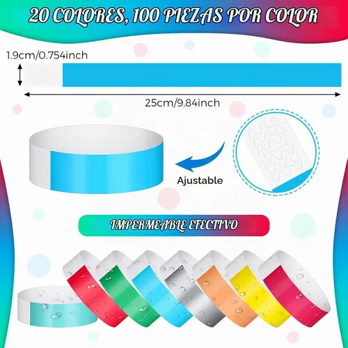 Vista 2 de 2000 pulseras de papel para eventos, variedad a granel, bandas de muñeca de neón, bandas de mano impermeables, pulseras de papel adhesivas, pulseras