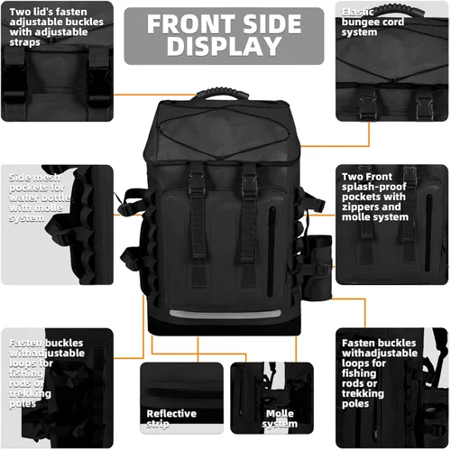 Vista 3 de MORXPLOR Mochila impermeable, mochila de senderismo resistente, cierre superior enrollable de 35L/55L con tapa, bolsa seca flotante acolchada Negro
