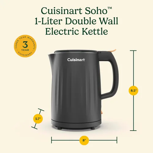 Vista 8 de Cuisinart Soho - Hervidor eléctrico de agua caliente de doble pared de 1 litro, hervidor de té con interior de acero inoxidable, operación de un