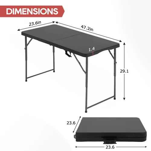 Vista 3 de PayLessHere Mesa plegable de 4 pies Mesa portátil de plástico con asa de transporte Diseño de mesa impermeable y plegable Estructura de Negro