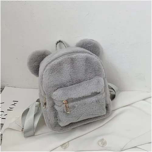 Vista 6 de Mochila mullida de oso lindo para niñas, kawaii suave, peluda, casual, mini mochila de felpa para la vuelta a la escuela, regalos para niñas, gris