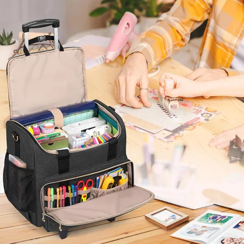 Vista 7 de LUXJA Bolsa de manualidades con ruedas con bolsillos para álbum de recortes de 12 x 12 pulgadas y laptop, bolsa rodante para álbum de recortes