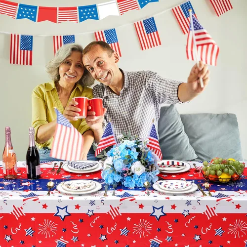 Vista 6 de Buryeah 3 Pcs Patriotic Tablecloth 54 x 108 Inch Plastic Tablecloth Red White Blue American Flag Rectangular Table Covers for 4th of July Memorial