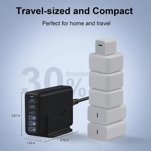 Vista 8 de Estación de carga de 165 W, cargador de escritorio de 6 puertos, 3 puertos 40 W, color negro Multi-Device Charger, 3 PD USB C 40W and 3 15W USB A