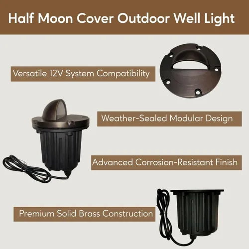Vista 8 de Ironsmith Foundary Series™ Solid Brass Half Moon Cover In-Ground Well Light – Complete 12V Landscape Fixture w/ MR16 LED (3000K 38°), Waterproof
