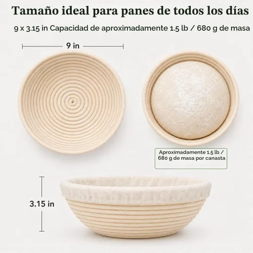 Vista 2 de Cesta de prueba de pan Banneton: 2 piezas de 21.6 cm de diámetro cestas redondas de ratán con forros para pan artesanal de masa madre, ideal
