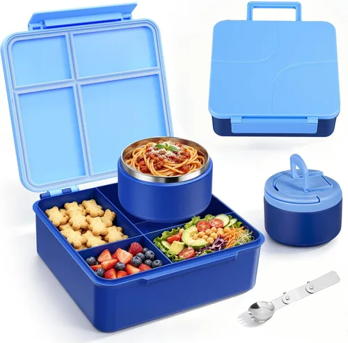 Vista 10 de MAXSO Set de Lonchera Bento para Niños con Termo de Sopa de 8 oz, Envase para Comida Caliente a Prueba de Fugas con 4 Compartimentos, Tarro