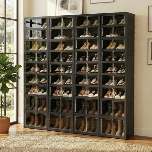 Vista 28 de Organizador de Zapatos Plegable Caja de Almacenamiento, Estante de Zapatos Plegable Portátil Extra Grande para Closet, Caja de Almacenamiento