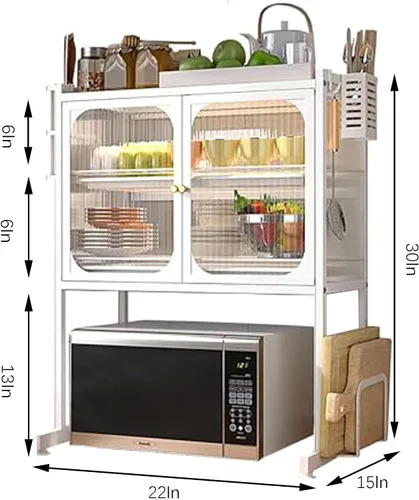 Vista 3 de Estante para horno de microondas para encimera de cocina, soporte para microondas, estante de microondas con gabinete de almacenamiento, adecuado