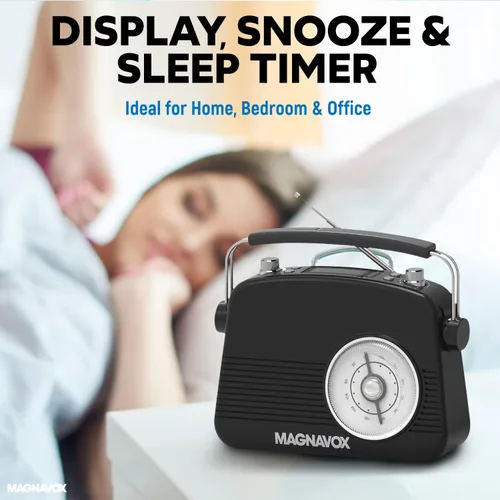 Vista 5 de Magnavox Reloj despertador doble retro con radio FM, tecnología inalámbrica Bluetooth, pantalla LCD, temporizador de repetición y sueño, ideal