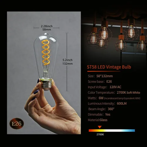 Vista 5 de Paquete de 6 bombillas Edison ST19 ST58, bombillas LED vintage, blanco suave de 2700 K, bombilla de filamento LED en espiral flexible antiguo, St58