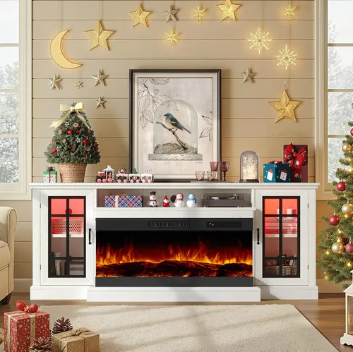Vista 10 de LUXOAK Soporte de TV con chimenea de 75 pulgadas con chimenea eléctrica de Blanco envejecido