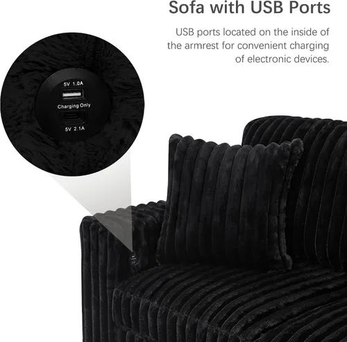 Vista 4 de DEINPPA Sofá cama de 122 pulgadas con cama extraíble, sofá modular de pana peluda gruesa con diván de almacenamiento y puertos de carga, sofás