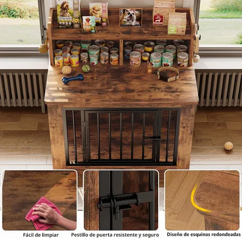 Vista 5 de IRONCK Mueble de jaula para perros, jaula de madera para perros pequeños de 33.4 pulgadas con almacenamiento y 4 ganchos, jaula resistente