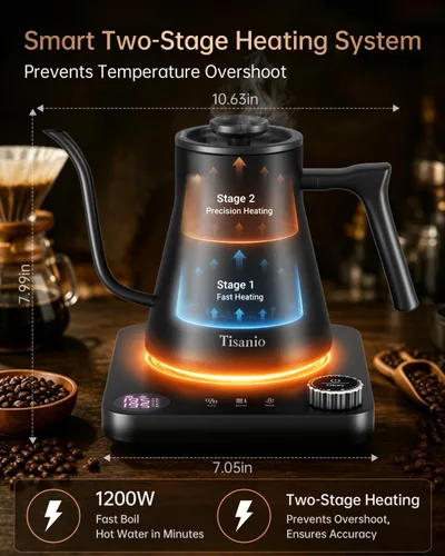 Vista 2 de Hervidor eléctrico de cuello de cisne para verter sobre café, control de precisión de ±1 °F, calefacción inteligente de dos etapas, 2 horas