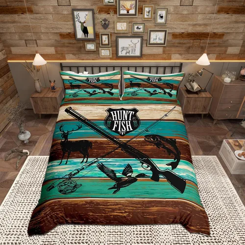 Vista 43 de Funda de edredón con bandera estadounidense de camuflaje, tamaño individual, silueta de ciervo y árboles grises, funda de edredón de estilo natural