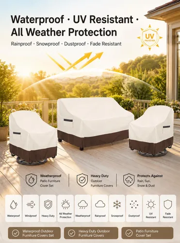Vista 6 de Juego de fundas para muebles de patio de 3 piezas, 2 fundas para sillas de patio de 33 pulgadas y 1 funda de sofá de 3 plazas de 79 pulgadas