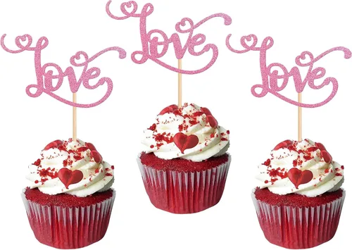 Vista 37 de Rsstarxi Paquete de 24 adornos para cupcakes para el día de San Valentín, con purpurina roja, dulce amor, para cupcakes, decoración de San Valentín
