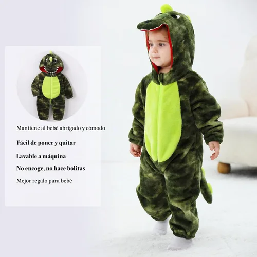 Vista 5 de TONWHAR - Disfraz de dinosaurio para niños pequeños, mameluco de animal para Halloween para niños y niñas Verde militar