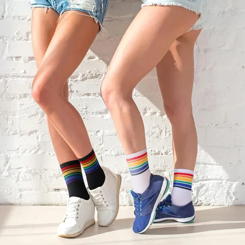 Vista 6 de Bencailor 6 pares de calcetines deportivos de algodón a rayas, diseño de arco iris, calcetines tobilleros de algodón, casuales, multicolor, unisex