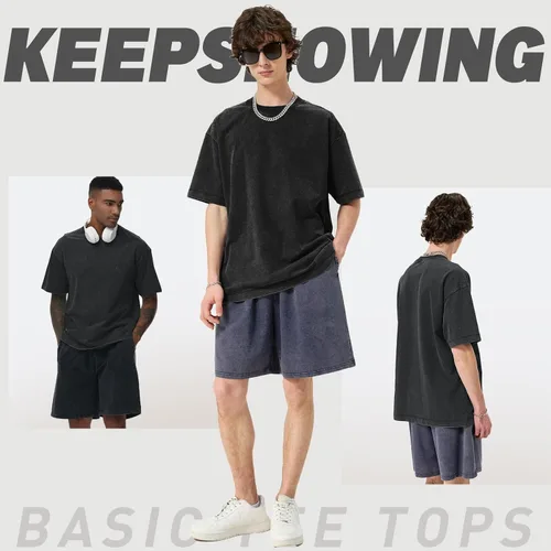 Vista 6 de Camisetas de algodón para hombre, de gran tamaño, unisex, de manga corta, casual, holgada, de lavado, unicolor, básicas A-Negro